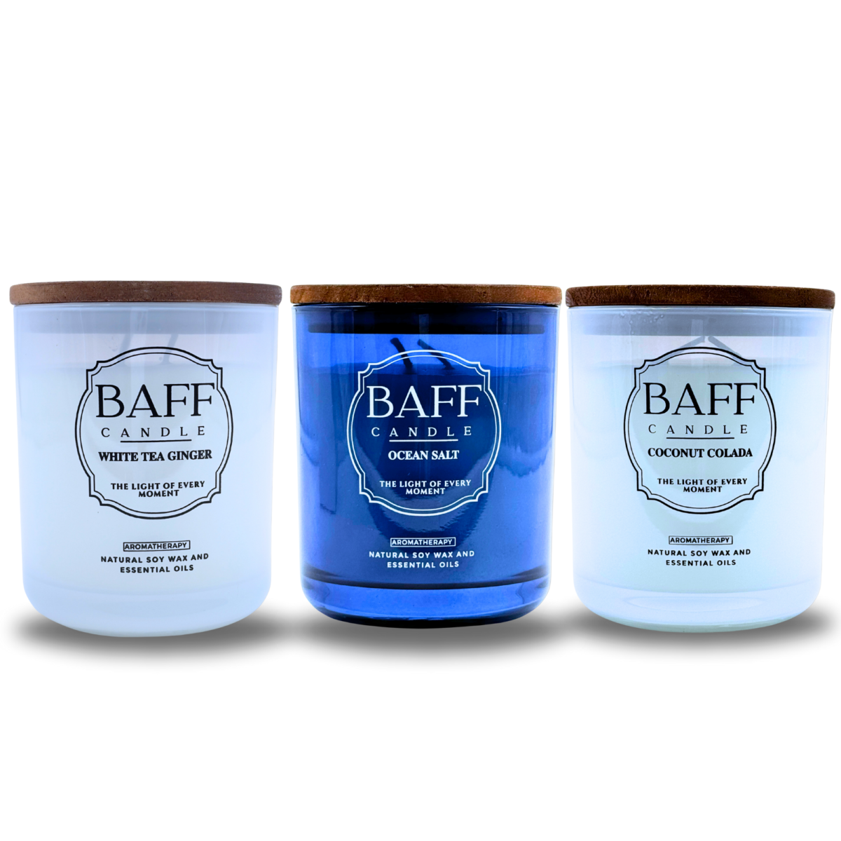 Baff Candle 3-Wick Soy Wax Collection – White Tea Ginger, Ocean Salt, Coconut Colada