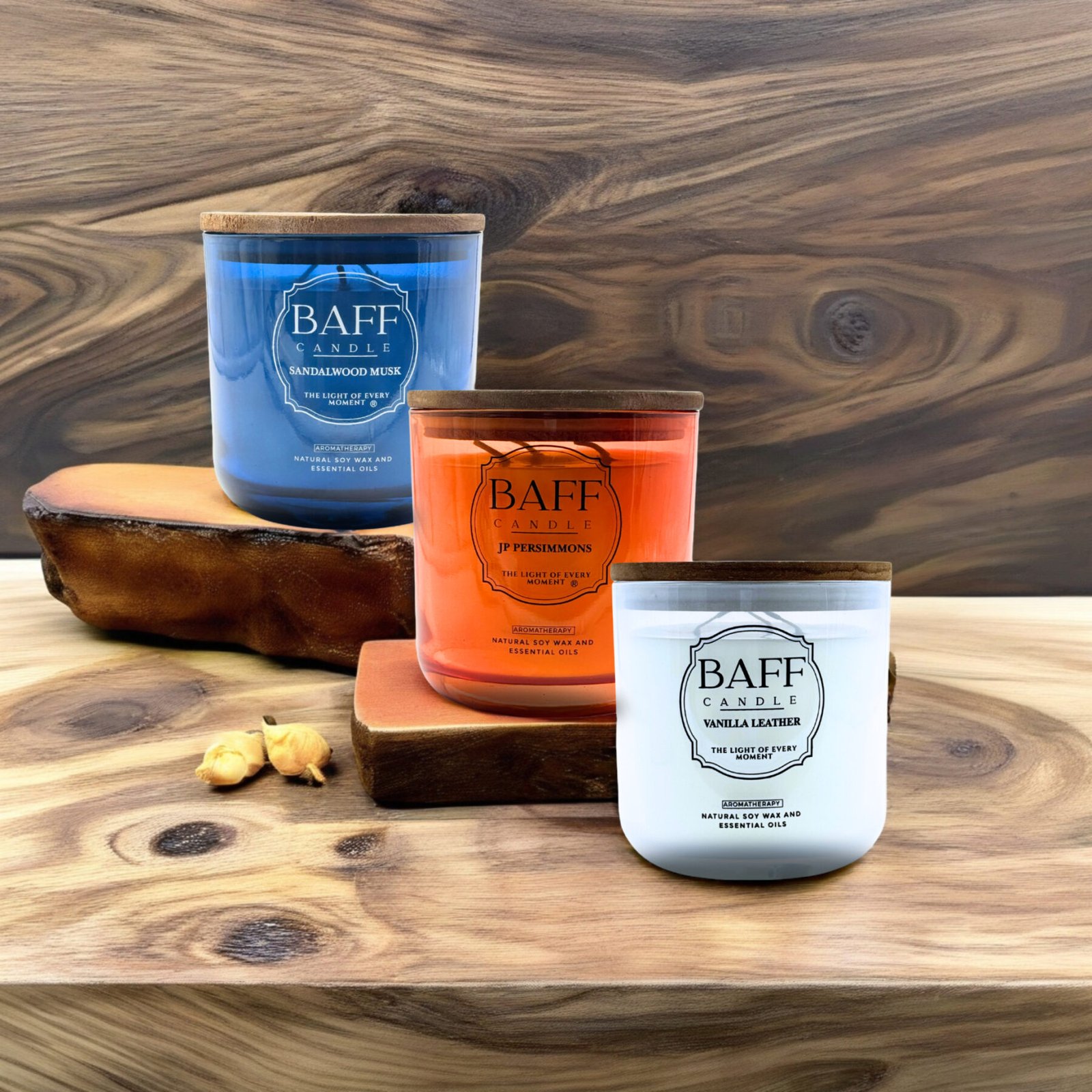 Baff Candle Collection | Sandalwood | JP Persimmons | Vanilla Leather Soy | Wax Luxury Candle (Three Wick) - Image 8