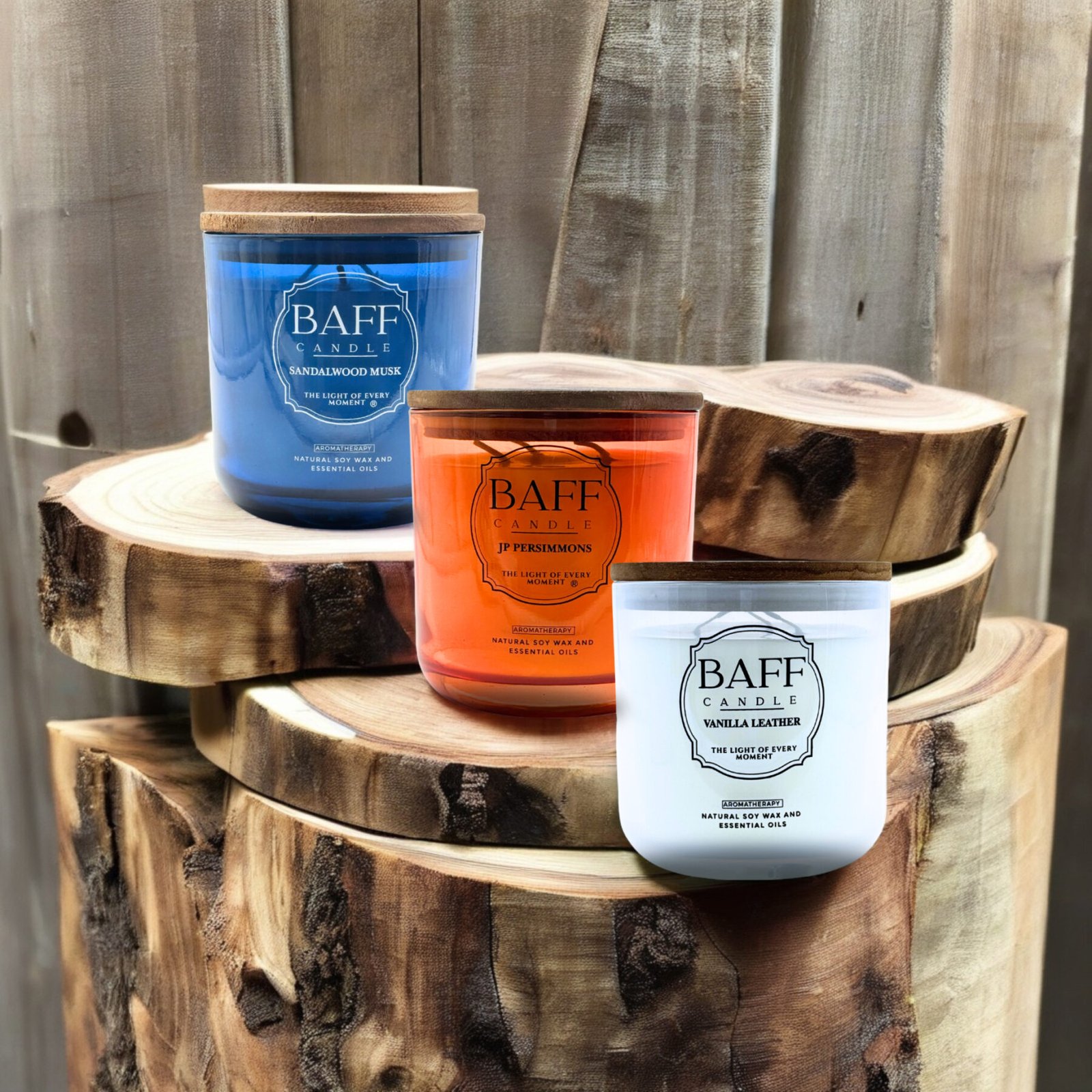 Baff Candle Collection | Sandalwood | JP Persimmons | Vanilla Leather Soy | Wax Luxury Candle (Three Wick) - Image 2