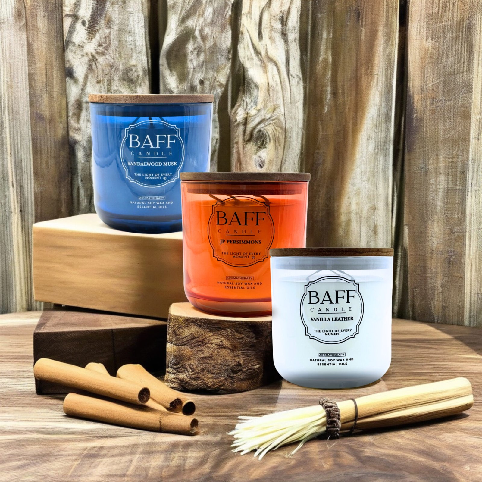 Baff Candle Collection | Sandalwood | JP Persimmons | Vanilla Leather Soy | Wax Luxury Candle (Three Wick) - Image 3