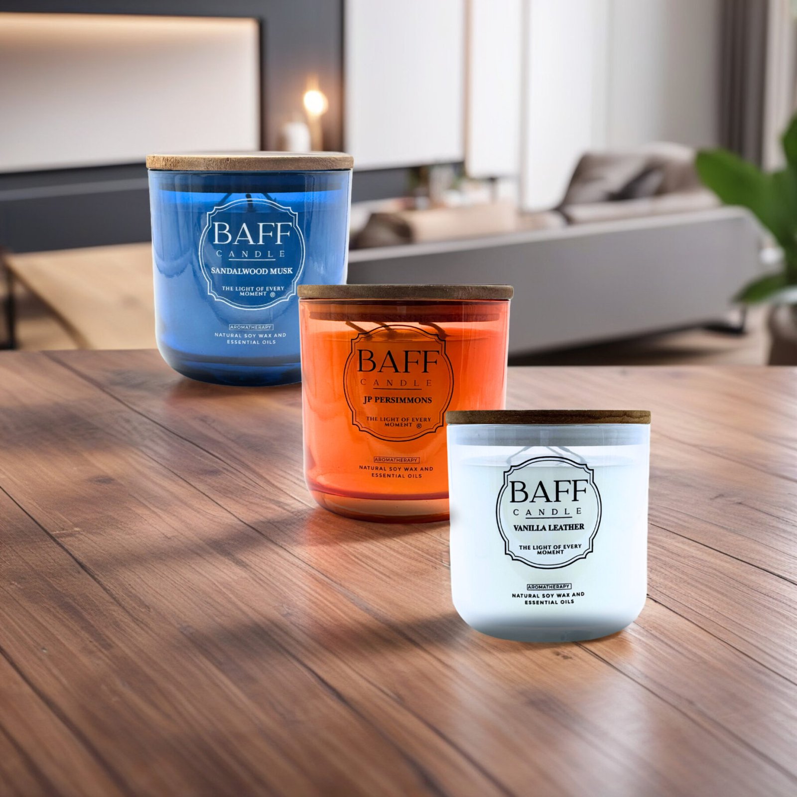 Baff Candle Collection | Sandalwood | JP Persimmons | Vanilla Leather Soy | Wax Luxury Candle (Three Wick) - Image 4