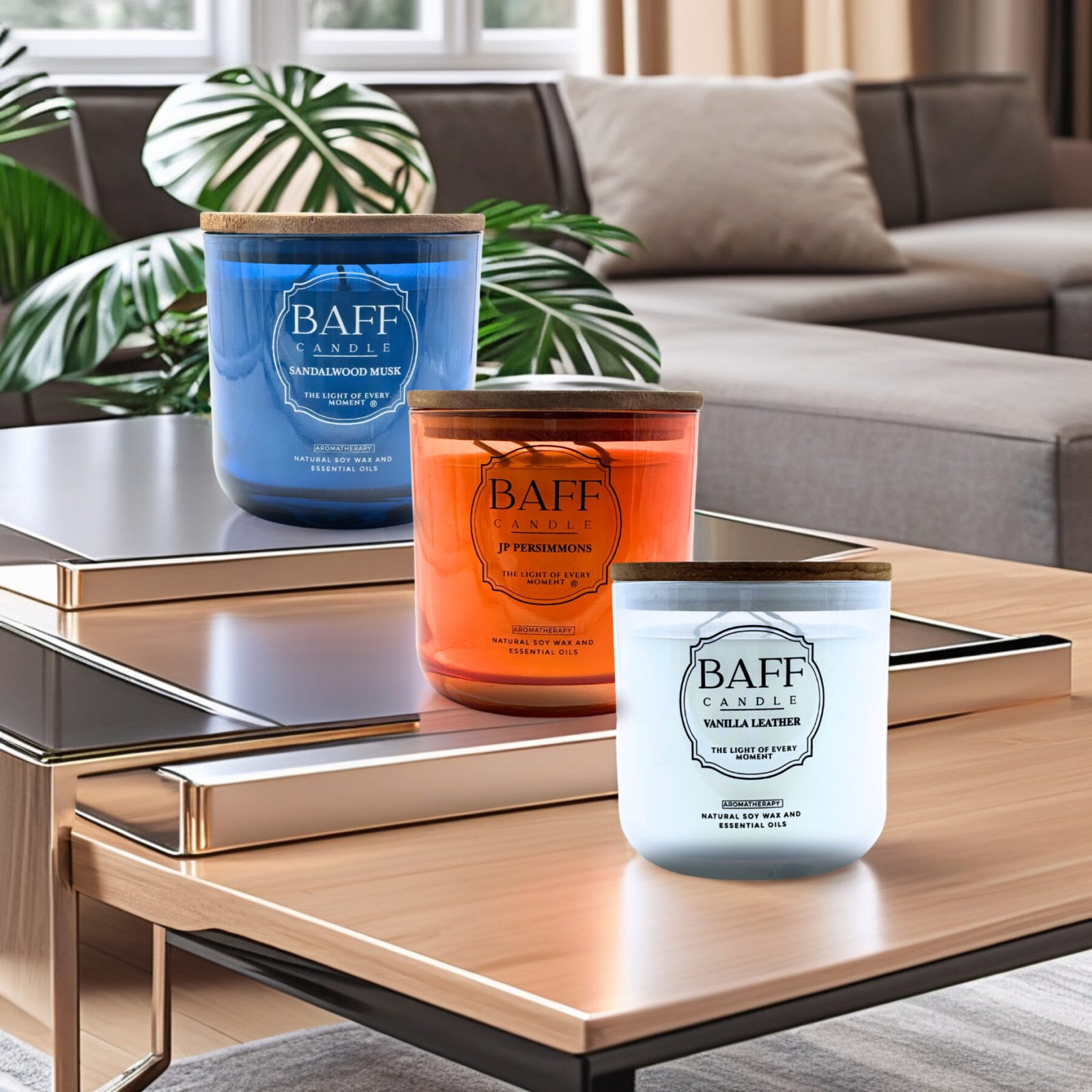 Baff Candle Collection | Sandalwood | JP Persimmons | Vanilla Leather Soy | Wax Luxury Candle (Three Wick) - Image 5