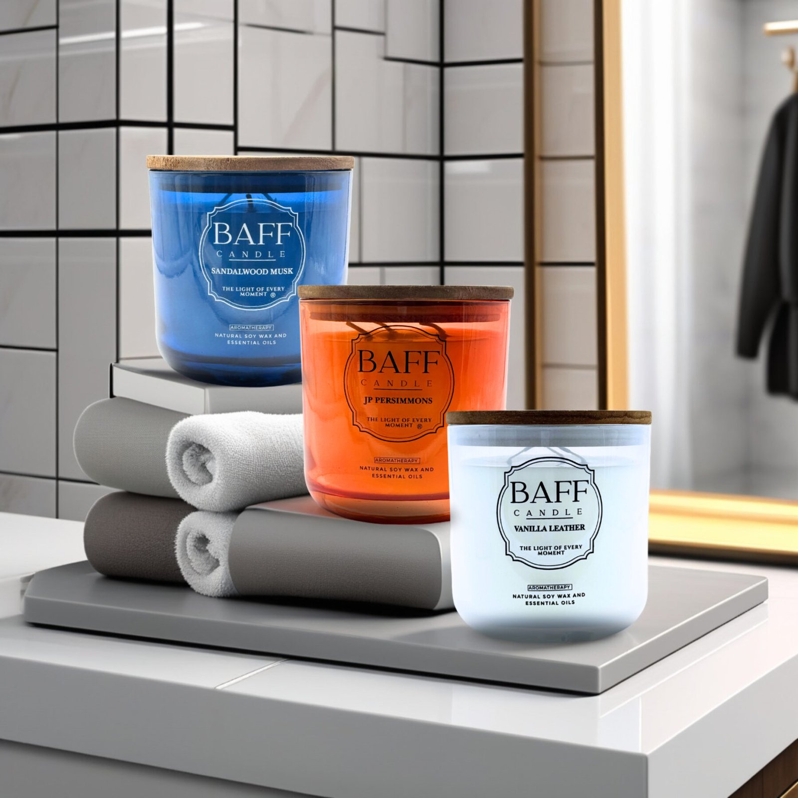 Baff Candle Collection | Sandalwood | JP Persimmons | Vanilla Leather Soy | Wax Luxury Candle (Three Wick) - Image 6